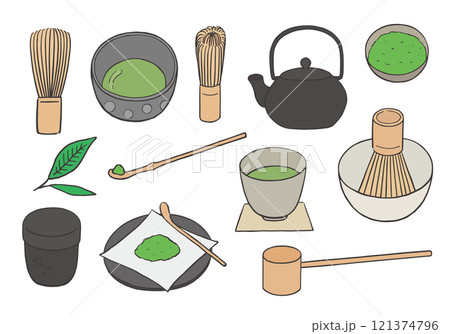 茶道の道具にまつわる手描きイラストセット（カラー） 121374796