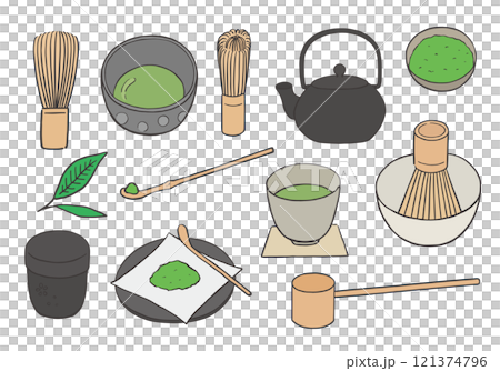 茶道の道具にまつわる手描きイラストセット（カラー） 121374796
