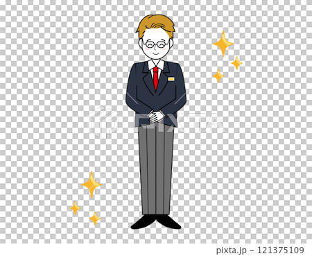 男性銷售員為顧客服務的插圖 男性商人的全身插圖 男性銷售員為顧客服務的插圖 男性商人的全身插圖 121375109