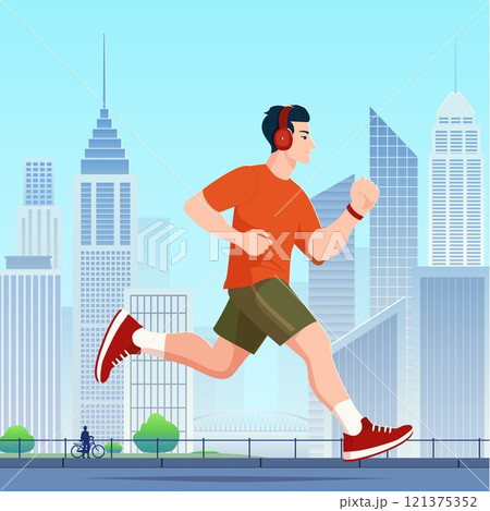 Dynamic Flat Vector Illustration of a Young Man Running in an Urban Cityscape Wearing Headphones and Fitness Gear Dynamic Flat Vector Illustration of a Young Man Running in an Urban Cityscape Wearing Headphones and Fitness Gear 121375352
