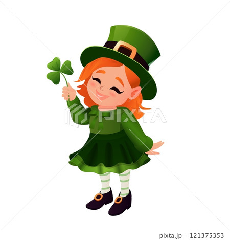 A cheerful vector illustration of a cute red-haired leprechaun girl dressed in traditional green attire, complete with a tall hat, striped stockings, and black shoes with gold buckles. She holds a 121375353