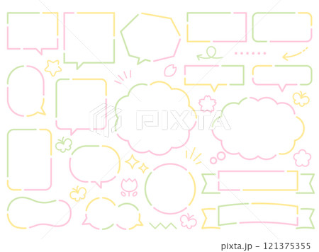 春のカラーの吹き出しとフレームのセットと季節のアイコン 121375355