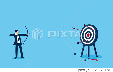 弓を打つビジネスマンのベクターイラスト：目標達成に向けた挑戦 121375428