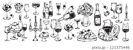 Romantic wine bottle illustration, hand drawn ink Italian date champagne glass vector print set. Romantic wine bottle illustration, hand drawn ink Italian date champagne glass vector print set. 121375446