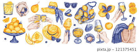 Summer picnic watercolor illustration set, vector hand drawn wine glass print, fresh lemonade, fruit 121375451