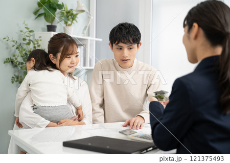 家の模型を持って設計の話をするビジネスウーマン 121375493