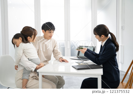 家の模型で設計の話をするビジネスウーマン 121375532