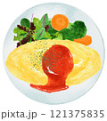 水彩で描いた皿に盛ったオムライス 121375835