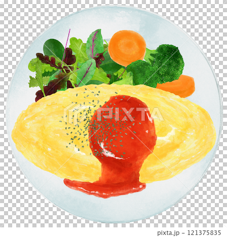 煎蛋飯盛在水彩畫的盤子上 121375835