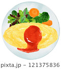 水彩で描いた皿に盛ったオムライス 121375836