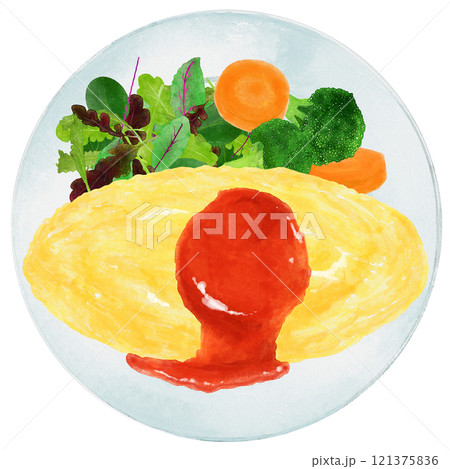 水彩で描いた皿に盛ったオムライス 121375836