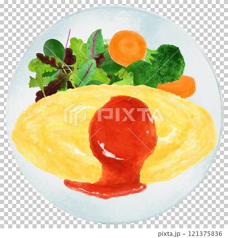 煎蛋飯盛在水彩畫的盤子上 121375836