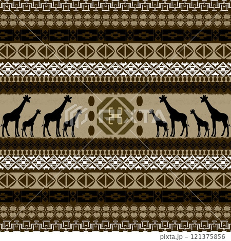 African ethnic fabric pattern features a rich dark brown tone, incorporating safari-inspired designs with elegant giraffe motifs. The pattern blends the ancient ethnic of the African ethnic with artis 121375856