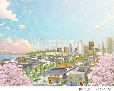 桜　家　住宅　街　桜　手描き風　BG　水彩画風　春 121375868