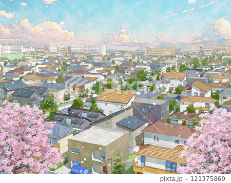 桜 家 住宅 街 手描き風 BG 水彩画風 春 桜 家 住宅 街 手描き風 BG 水彩画風 春 121375869