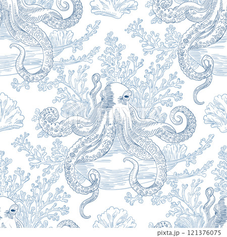 Marine Vector Seamless Pattern Background with Octopuses and Corals, Toile de jouy Vintage Classic Style 121376075