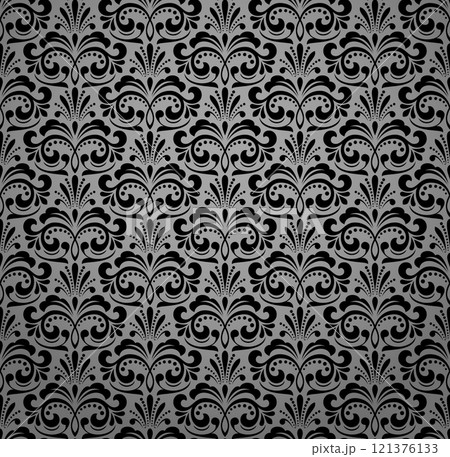 Floral pattern. Vintage wallpaper in the Baroque style. Seamless vector background. Gray and black ornament for fabric, wallpaper, packaging. Ornate Damask flower ornament Floral pattern. Vintage wallpaper in the Baroque style. Seamless vector background. Gray and black ornament for fabric, wallpaper, packaging. Ornate Damask flower ornament 121376133
