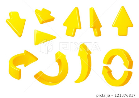 3d arrows and pointers. Yellow interactive cursors, different directions and forms, turns, circular, up, down, voluminous style, cartoon render glossy isolated elements vector set 3d arrows and pointers. Yellow interactive cursors, different directions and forms, turns, circular, up, down, voluminous style, cartoon render glossy isolated elements vector set 121376817