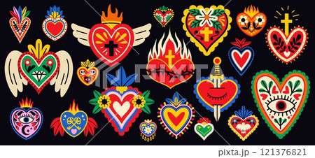 Cartoon mexican sacred hearts. Mystical traditional symbols, love charms, spiritual memorial signs, colorful scull and flowers, patterned isolated decorative trendy elements, tidy vector set Cartoon mexican sacred hearts. Mystical traditional symbols, love charms, spiritual memorial signs, colorful scull and flowers, patterned isolated decorative trendy elements, tidy vector set 121376821