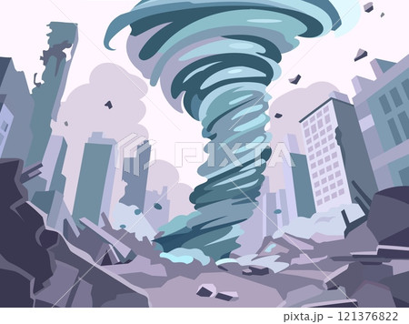 Cartoon tornado in city. Destroyed buildings and skyscrapers, hurricane destroys houses, twister storm, natural disaster, swirling windstorm, wind cataclysm landscape, vector concept 121376822