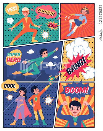 Comics about superhero kids. Flying children, splitting page into segments, speech bubbles with text, bright backgrounds, comic book, super boy and brave girl with superpower vector concept 121376823