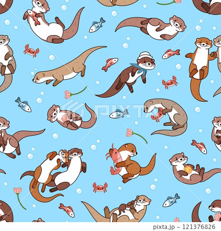 Cute sea otters seamless pattern. Repeated water wild mammals, funny river animals swim, dive, fish, lovely family. Decor textile, wrapping, wallpaper. Print for fabric tidy vector background Cute sea otters seamless pattern. Repeated water wild mammals, funny river animals swim, dive, fish, lovely family. Decor textile, wrapping, wallpaper. Print for fabric tidy vector background 121376826