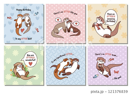 Funny otter birthday cards. Cute kids party greeting banners, happy wild animals, water mammals swimming, fishing, childish print design with lettering, cartoon isolated tidy vector set Funny otter birthday cards. Cute kids party greeting banners, happy wild animals, water mammals swimming, fishing, childish print design with lettering, cartoon isolated tidy vector set 121376839