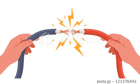 Human hands tearing electric wire. Cable damage, cartoon current sparks, dangerous situation, voltage connection broken power cord, repair service nowaday vector technology concept Human hands tearing electric wire. Cable damage, cartoon current sparks, dangerous situation, voltage connection broken power cord, repair service nowaday vector technology concept 121376842