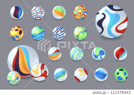 Marbles balls. Glossy transparent spheres with unique patterns inside, shiny glass color toys, different abstract rainbow ornaments, kids game, isolated compositions, tidy vector icon set Marbles balls. Glossy transparent spheres with unique patterns inside, shiny glass color toys, different abstract rainbow ornaments, kids game, isolated compositions, tidy vector icon set 121376843