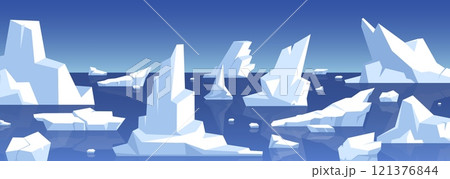 North sea panorama. Arctic glacier landscape, floating icebergs, cold ocean icy blocks, global warming, ice floes, horizontal background, cartoon flat isolated nowaday vector concept North sea panorama. Arctic glacier landscape, floating icebergs, cold ocean icy blocks, global warming, ice floes, horizontal background, cartoon flat isolated nowaday vector concept 121376844