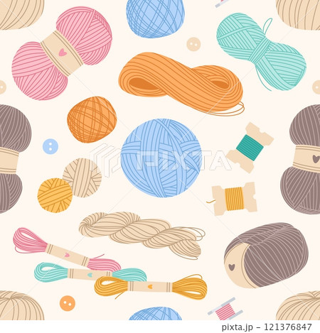 Seamless thread balls. Repeated skeins of knitting skeins of knitting yarn, buttons and threads for sewing and embroidery. Decor textile, wrapping, wallpaper design. Print vector background Seamless thread balls. Repeated skeins of knitting skeins of knitting yarn, buttons and threads for sewing and embroidery. Decor textile, wrapping, wallpaper design. Print vector background 121376847