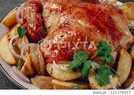 fried, baked chicken, in the oven, with spices, and rustic potatoes, top view, homemade, fried, baked chicken, in the oven, with spices, and rustic potatoes, top view, homemade, 121376937