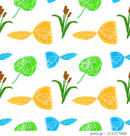Vibrant Seamless Pattern with Fish, Cattails, and Lily Pads 121377068