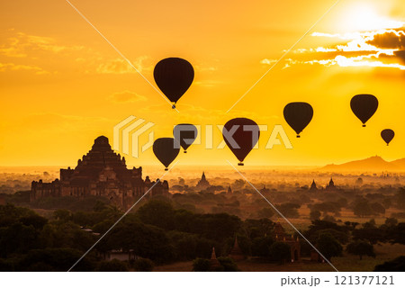 Silhouette Balloon over Dhammayangyi temple at sunrise,  Bagan, Myanmar 121377121