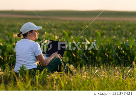 Woman farmer wearing white cap and t-shirt with laptop sits on the field at sunset Woman farmer wearing white cap and t-shirt with laptop sits on the field at sunset 121377421