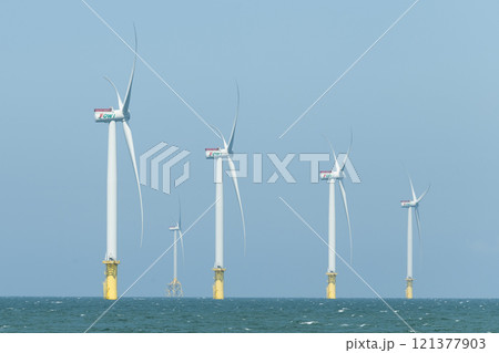 View of the Offshore wind power systems off the western coast of Taiwan. 121377903