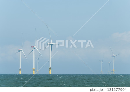 View of the Offshore wind power systems off the western coast of Taiwan. 121377904