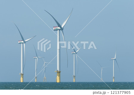 View of the Offshore wind power systems off the western coast of Taiwan. 121377905
