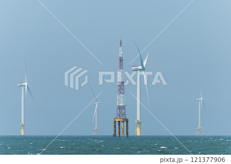 View of the Offshore wind power systems off the western coast of Taiwan. 121377906