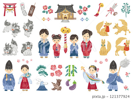 1月　正月　神社へ初詣に行く家族　イラストセット 121377924