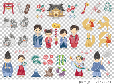 1月　正月　神社へ初詣に行く家族　イラストセット 121377924