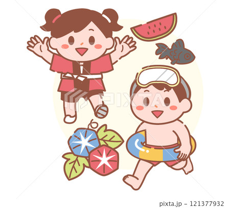 法被姿の女の子と海水浴に来た男の子の夏休み8月イラスト 121377932