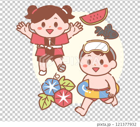 法被姿の女の子と海水浴に来た男の子の夏休み8月イラスト 121377932