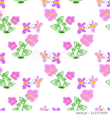 Hand-Drawn Floral Pattern with Butterflies 121377939