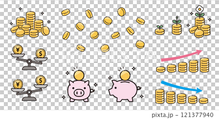 いろいろなシチュエーションのお金やコインのシンプルなベクターイラストセット 121377940