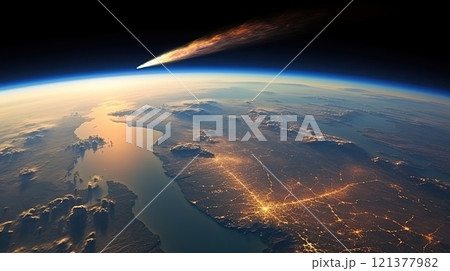 Space photograph of an asteroid entering the earth's atmosphere. It heats up and breaks down into fragments. Cosmic threat to Earth civilization. 121377982