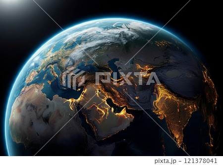 都市部の明かりが輝く地球の夜 121378041
