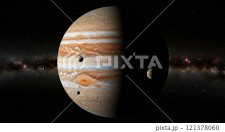 たくさんの衛星を従えるガス惑星、木星 121378060