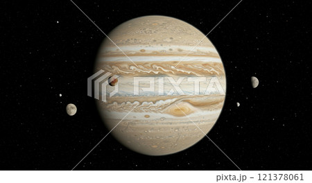 宇宙に浮かぶ木星とその衛星たち 121378061