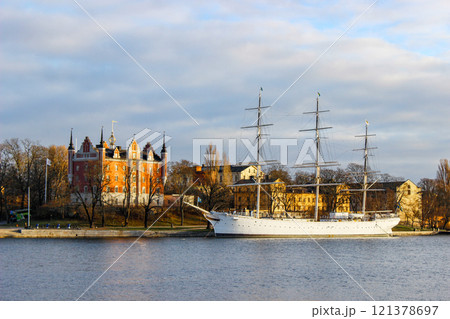 Stockholm, Sweden - January 05, 2015. The sailing ship Af Chapman is moored on the western shore of the island of Skeppsholmen in central Stockholm, Sweden. Stockholm, Sweden - January 05, 2015. The sailing ship Af Chapman is moored on the western shore of the island of Skeppsholmen in central Stockholm, Sweden. 121378697